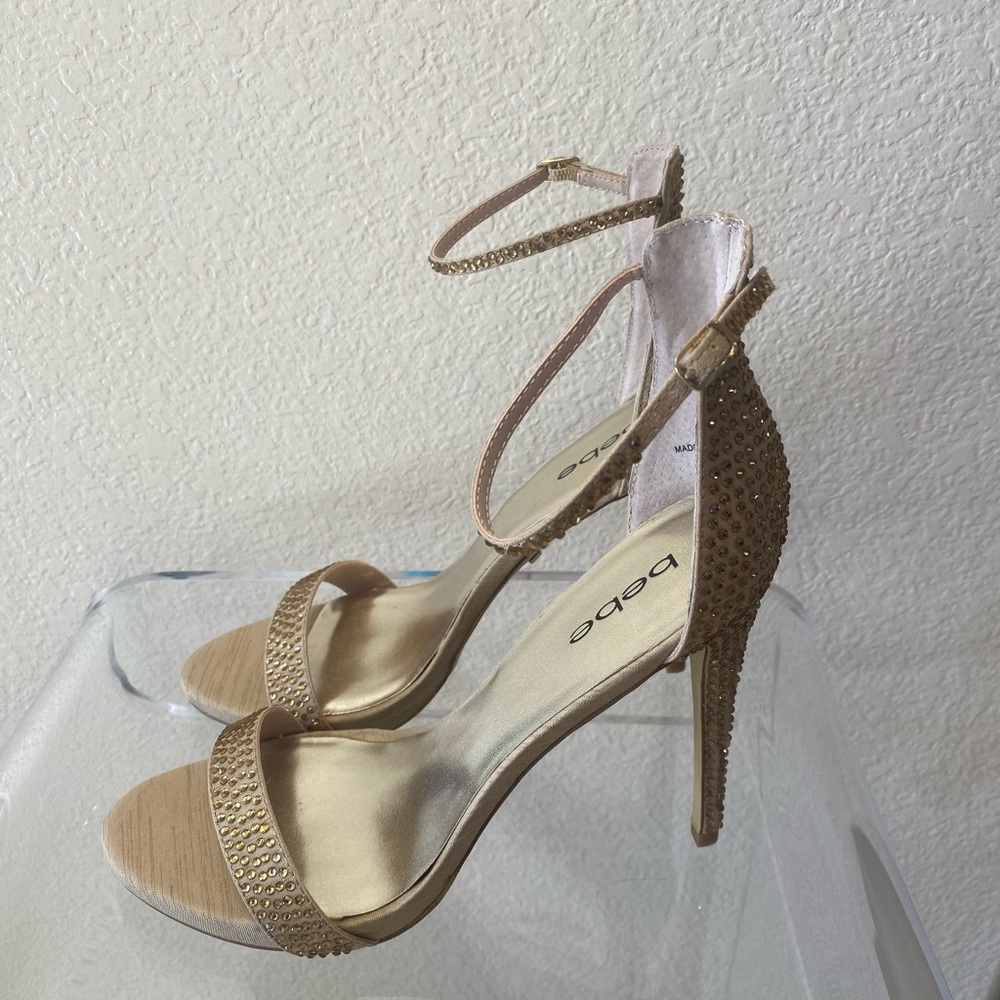 Bebé rhinestone ankle strap heels size 9 in champagne color, 4” heels